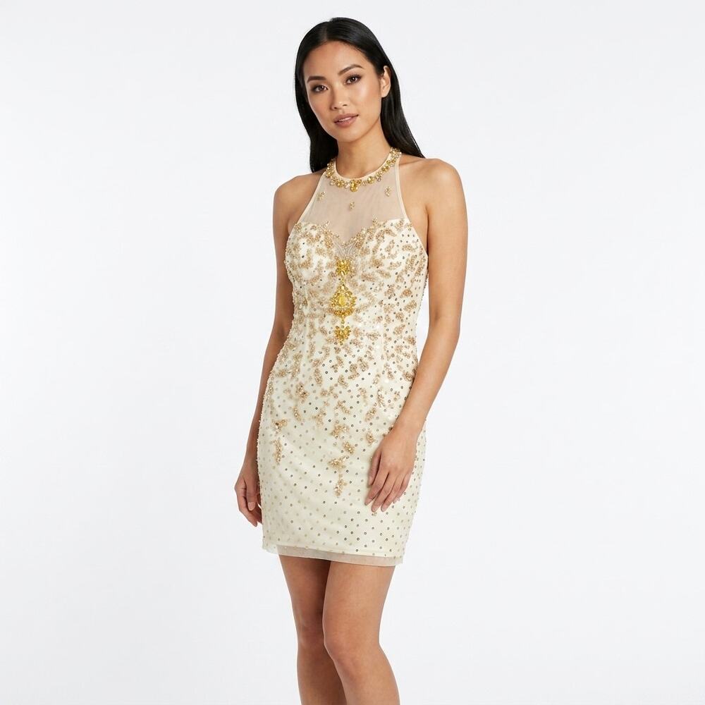 Miss Madison Ivory Bodycon Short Dress Women Embellished Mesh Size S